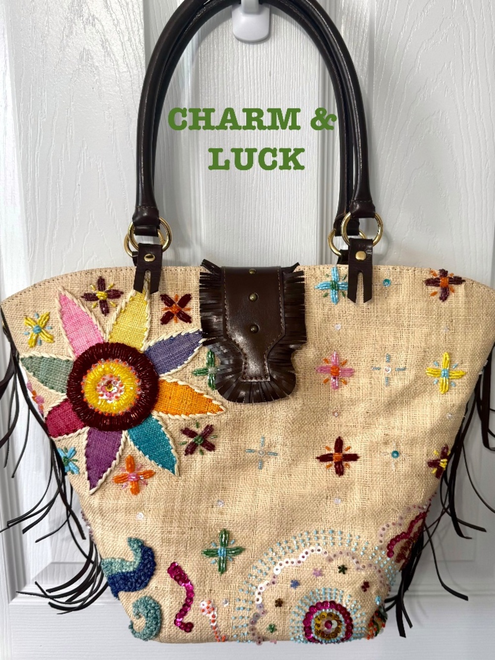 Charm and Luck Straw/Leather Summer Tote/Bag w/Side Fringe/Magnetic Closure
